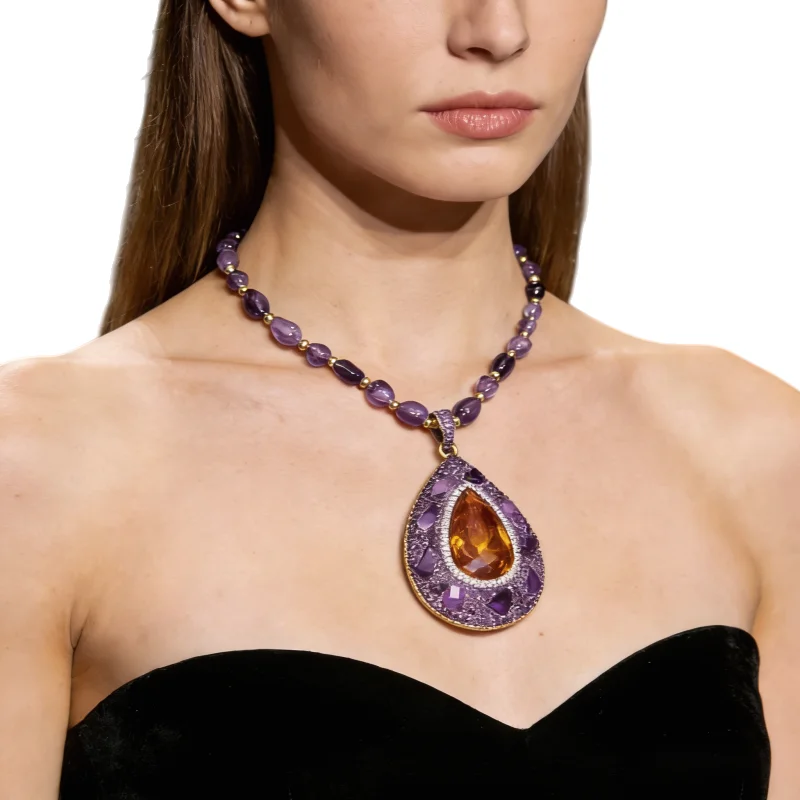 Natural Amethyst Crystal Large Sudan Stone Pendant Necklace With Freshwater Pearl Beads Chain Diaspore Sultanite Color-Changed