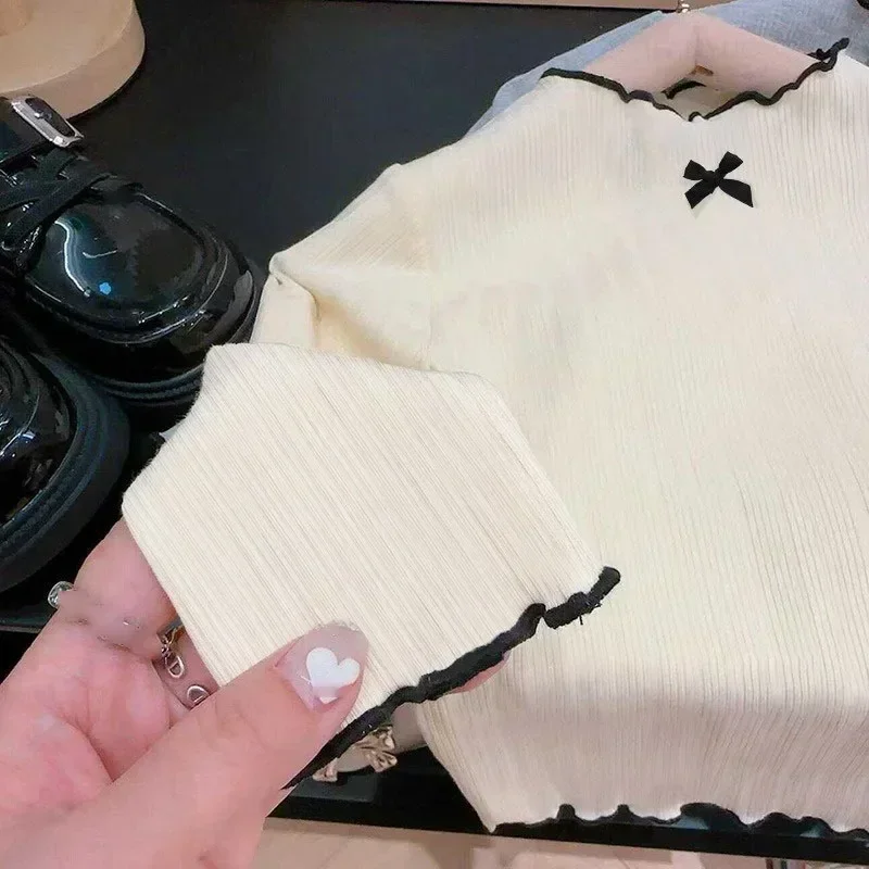 6M-8Y الفتيات تي شيرت بأكمام طويلة الأطفال تكدرت حافة القوس محبوك القمم 2025 الخريف جديد تنوعا قاعدة قميص للطفل الفتيات #4