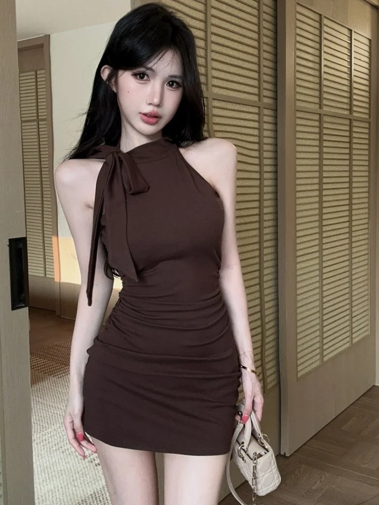 

Summer Pure Desire Spicy Girl Neck Hanging Back Pack Butt Short Skirt Women's Retro Belted Pleated Slim Fit Short Dress