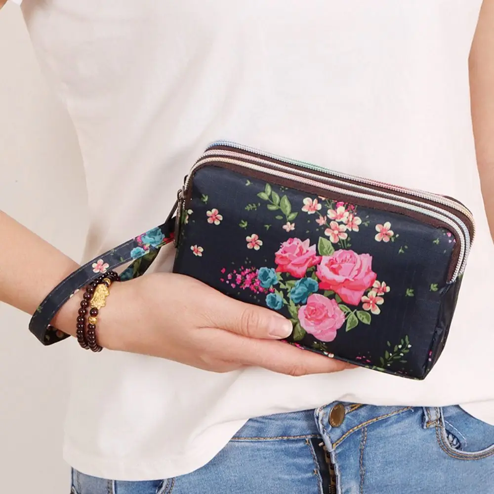 Retro Print Flower Wallet Waterproof Fabric Phone Purse Flower Coin Purse Cosmetic Bags Handbag Three Zippers Bags Girl