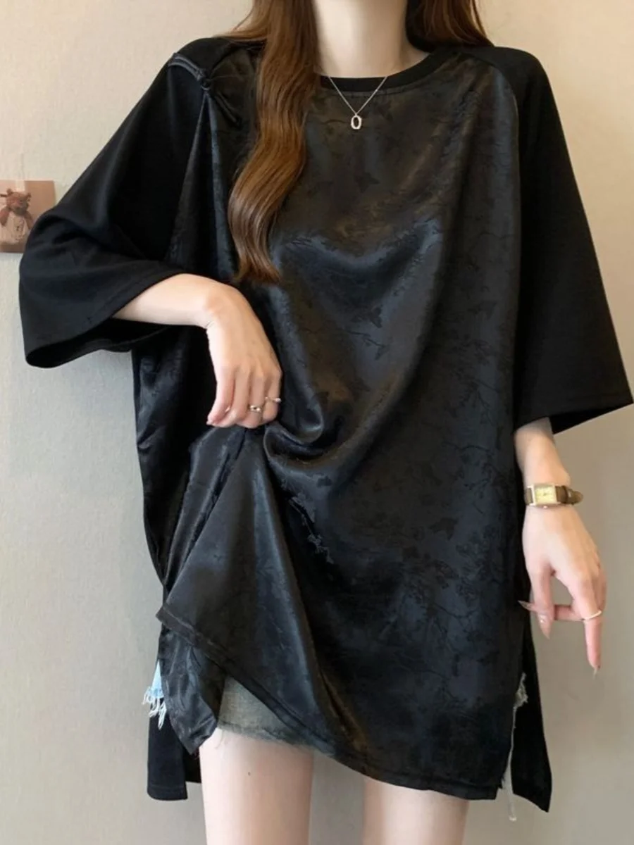 

Женская футболка больших размеров, летняя, тонкая, свободная, повседневная, с коротким рукавом, в корейском стиле, подходит для фигуры типа «груша», для повседневной носки