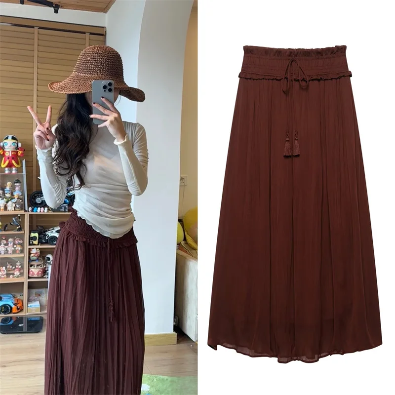 

Women's Skirt New Summer 2025 Burgundy Stretch Wide-waisted Midi Skirt A hem looks thin Casual and versatile