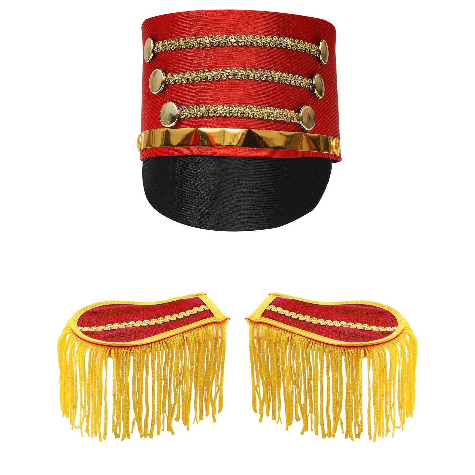 Red Top Hat Drum Team Hats Band Knight Feather Hat Cap with Tassel Shoulder Fringe Epaulets Costume Accessories Military Cap Set