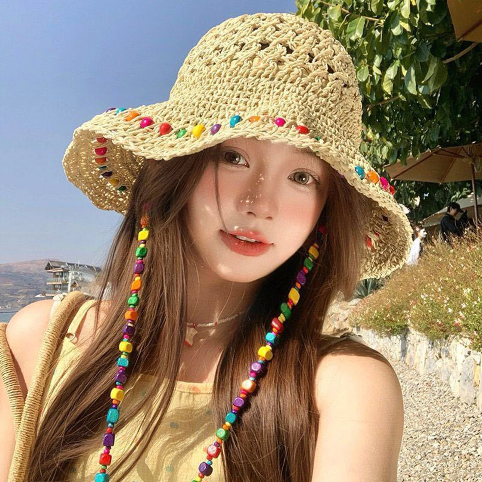 Women Summer Beach Sun Hat Colorful Bead Decor Bohemian Style Sun Hat for Pool Park Vacation Camping