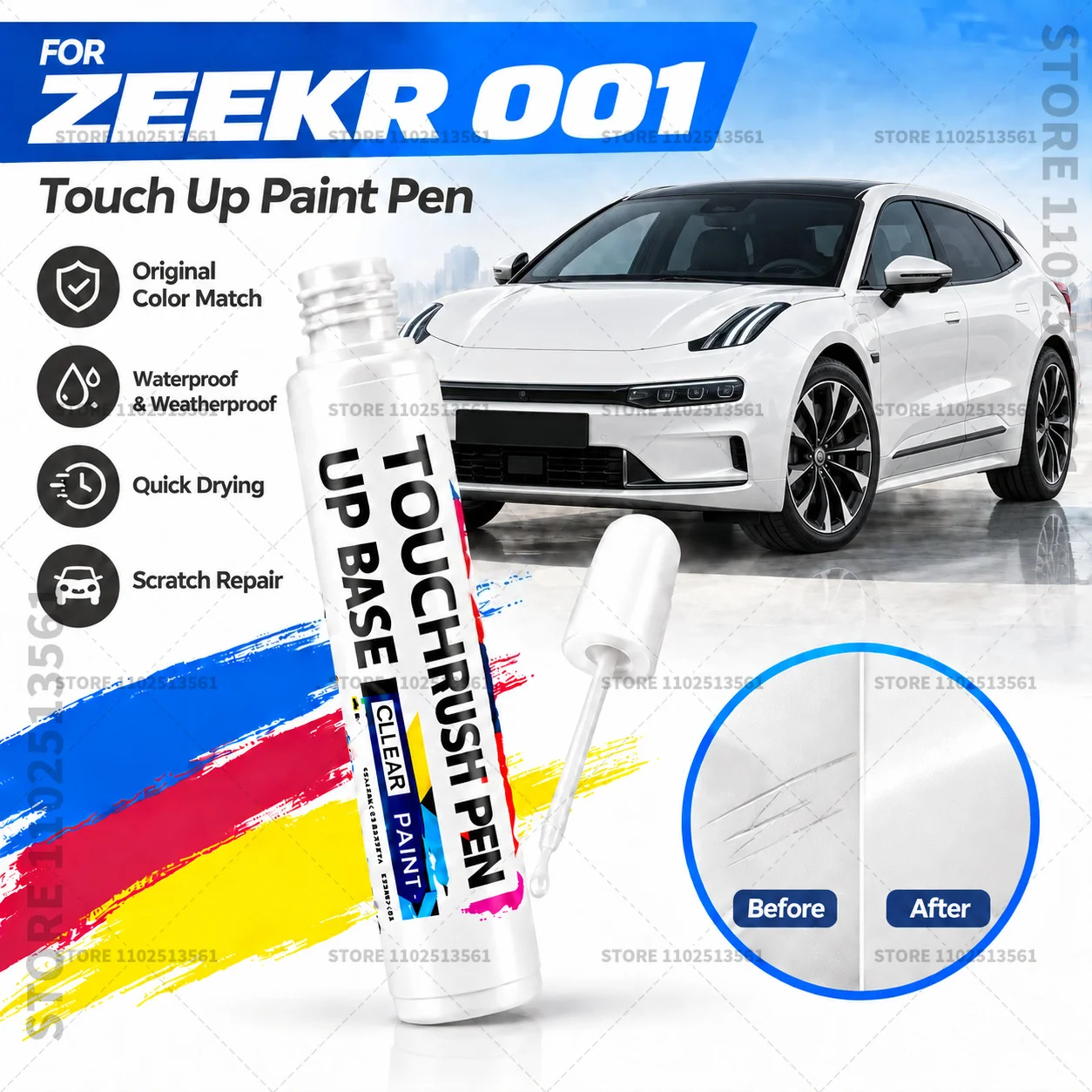 For ZEEKR 001 White Automotive Touch Up Paint Pen Scratch Repair Marker for Car Body Bumper Door Paint Restoration Accessories