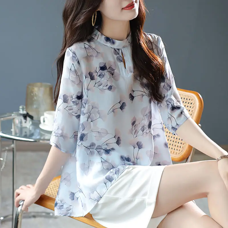 

Chinese style printed chiffon shirt top o neck five-point sleeve summer women 2022 new thin shirt casual blouse female clothing