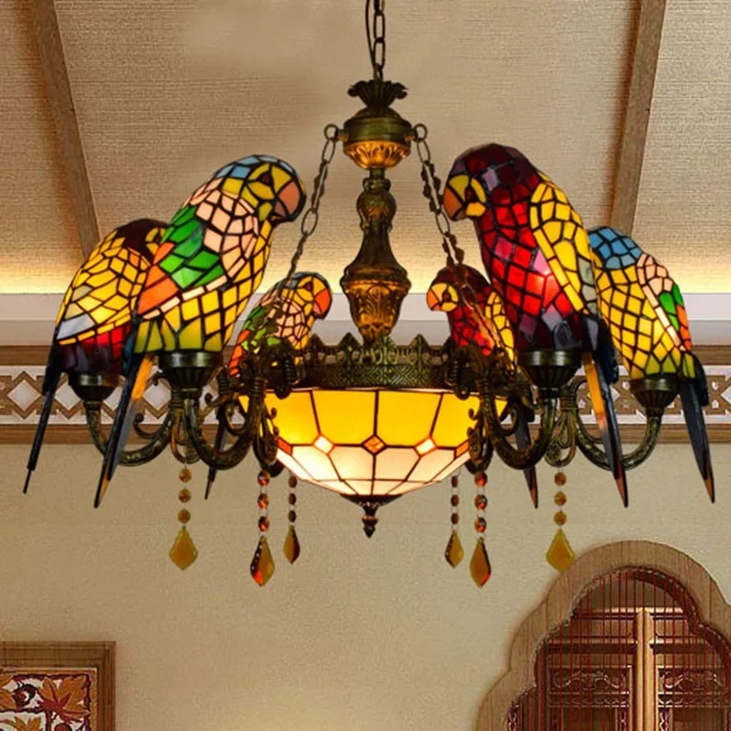 European Style Retro Glass Parrot Ceiling Chandeliers Pastoral Style Dining Living Room Pendant Lamp Home Decor Hanging Light