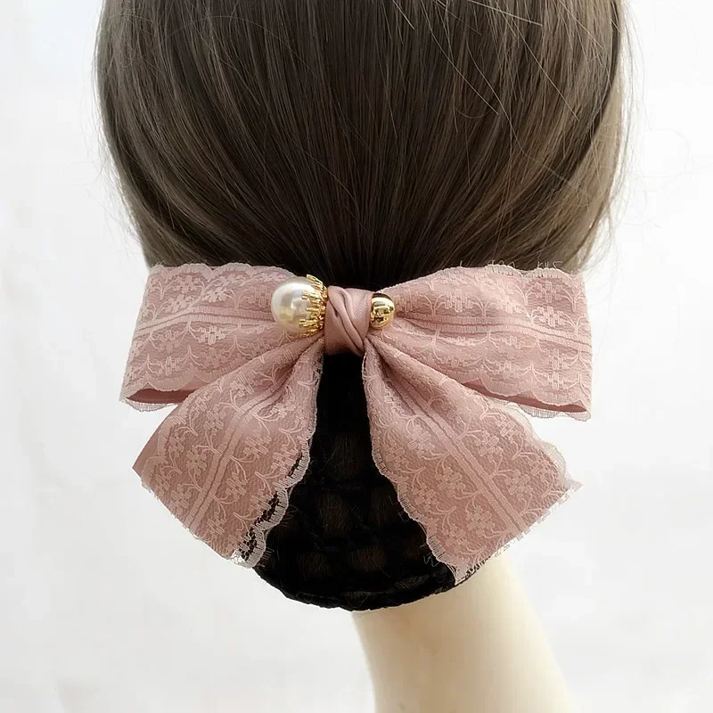 New Arrival Ribbon Bow Barrtte Hairpins Fabric Lace Pearl Bun Hair Clips Cover Snood Net Satin Hair Accessories for Women