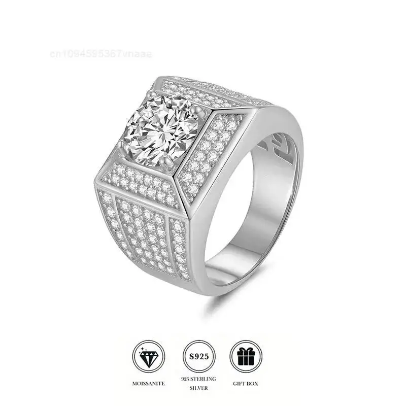 

Luxury European and American Men's Ring, 925 Sterling Silver with 3-carat VVS Full Moissanite, GRA Certified, Factory Wholesale