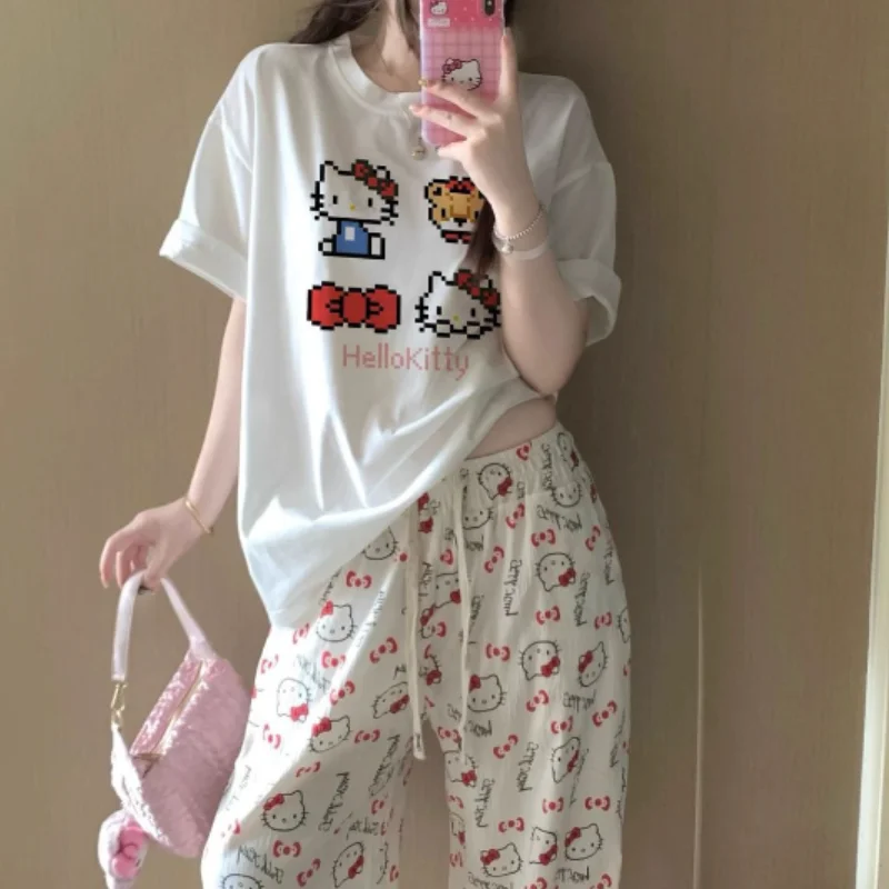 

2 шт. Sanrio, летняя свободная домашняя одежда «Hello Kitty», удобные женские летние новые брюки с короткими рукавами, комплект милых брюк с героями мультфильмов