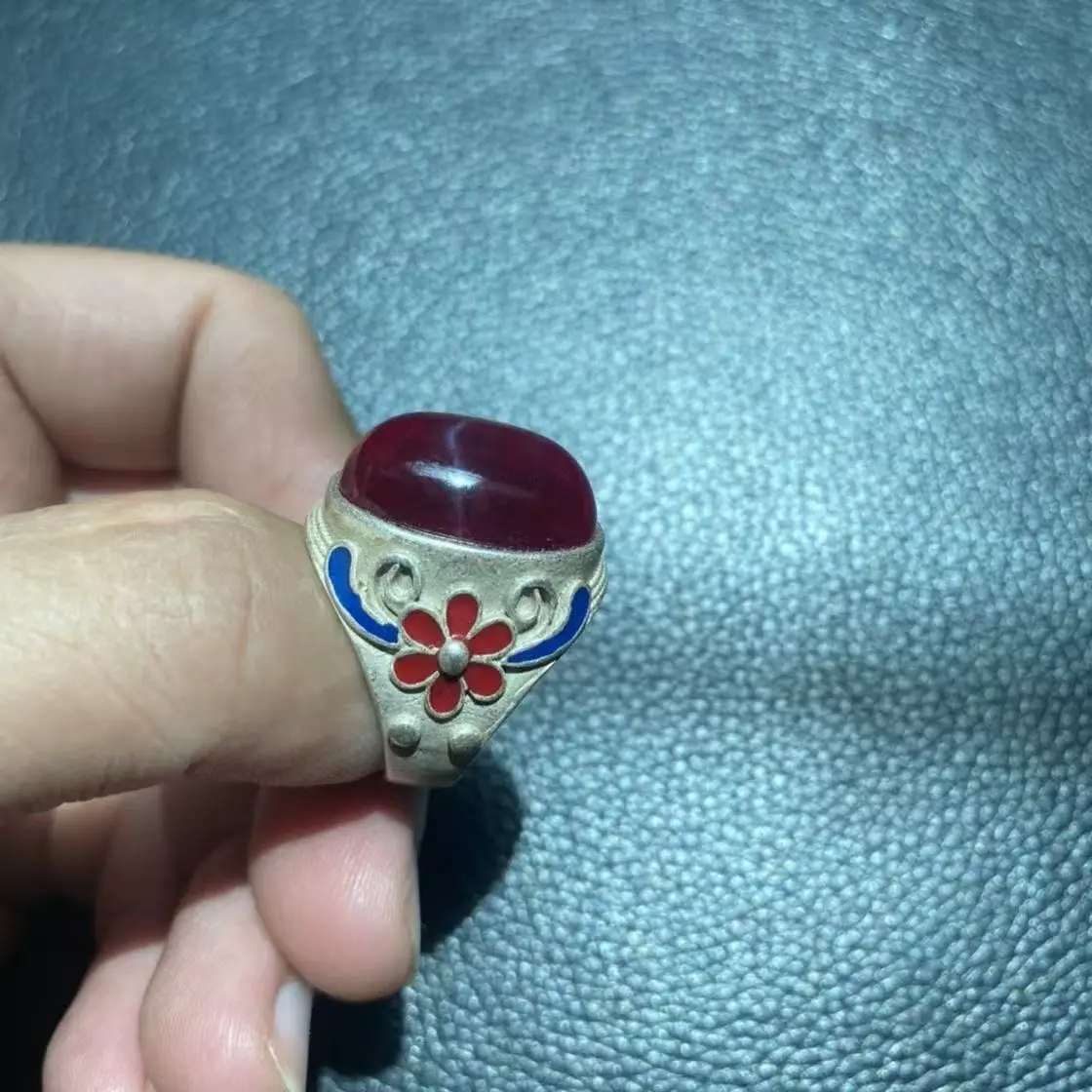 Nepal Tibetan silver cloisonne baked blue ring Miao silver inlaid with starlight gemstone ring face