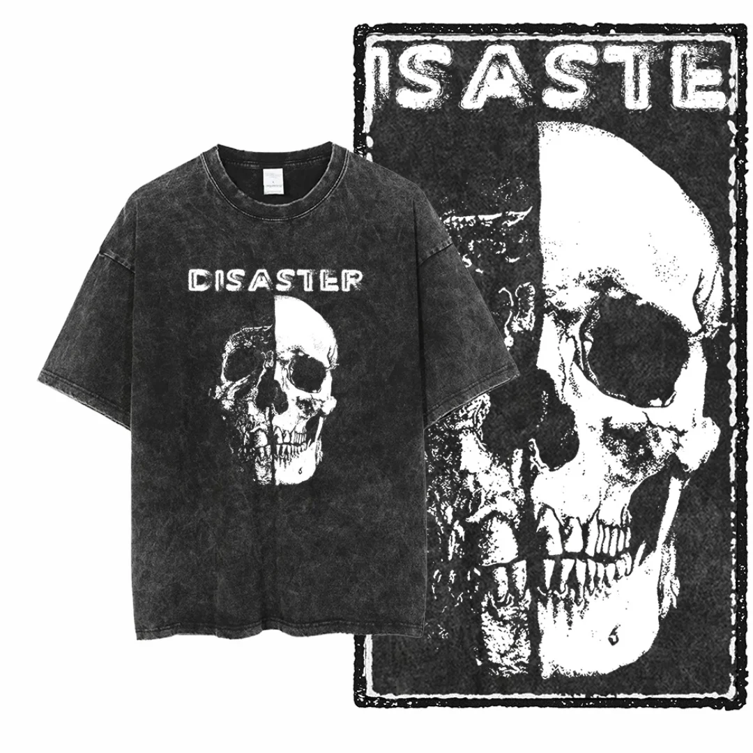 

Винтажная мужская футболка с раздельным черепом и графическим слоганом DISASTER, черная футболка большого размера, повседневная уличная одежда в винтажном стиле