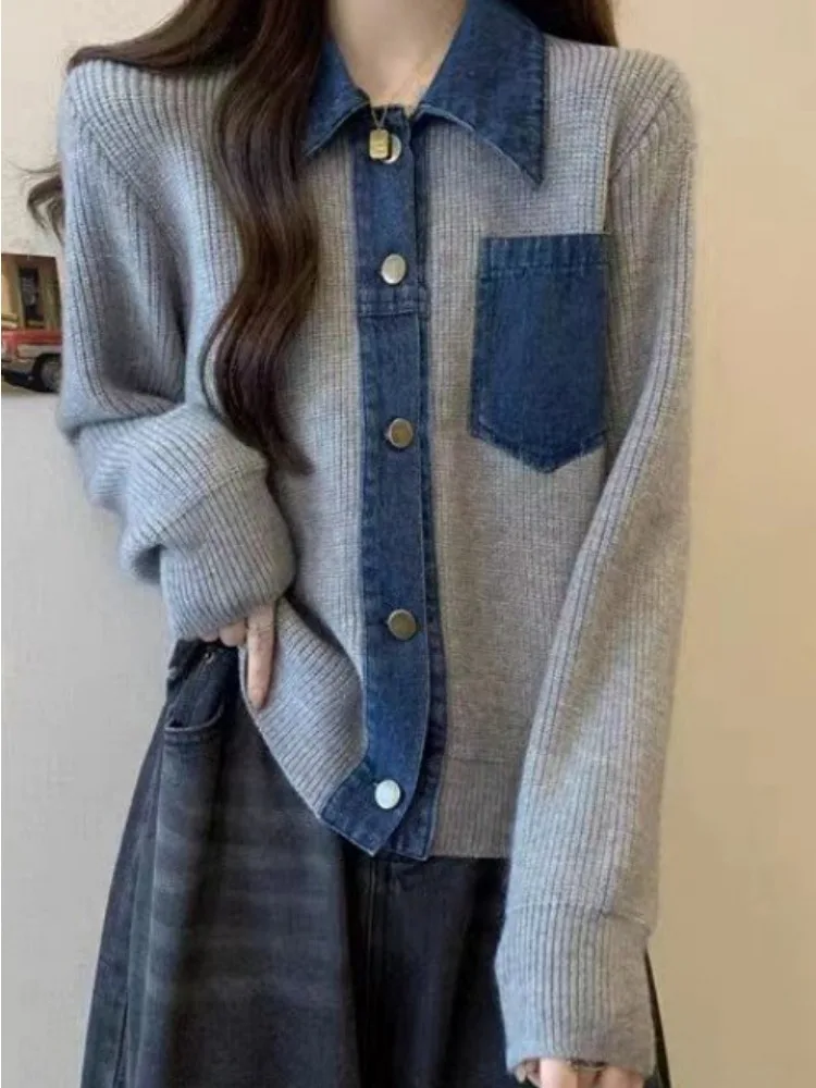 Patchwork Denim Knitted Cardigan Women Polo Collar Sweater Cardigan Female Long Sleeved Knitted Loose Cardigan Autumn Winter