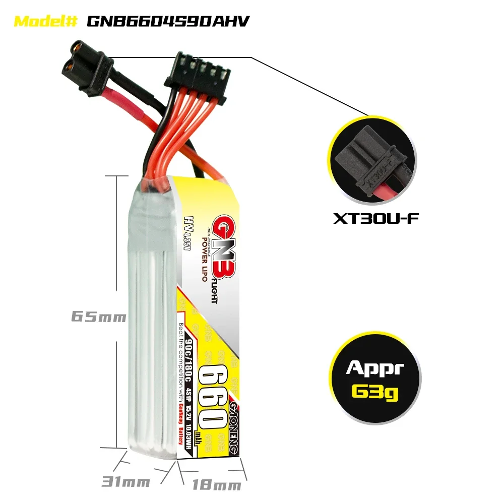 GAONENG GNB 660mAh HV 4S 90C 180C 15.2V XT30 LiPo Battery Cine Whoop Cinelog Cinewhoop Indoor FPV Spare RC Parts