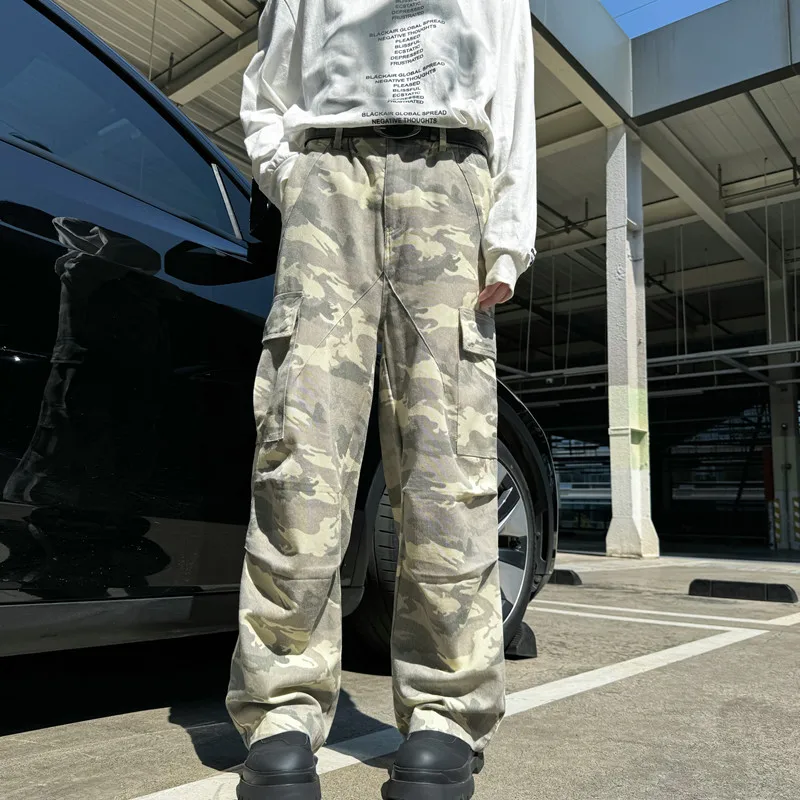 อเมริกัน Hiphop Camouflage กางเกงผู้ชาย Retro Paratrooper Workwear หลวมตรงขากว้างขากางเกงขายาวสบายๆ