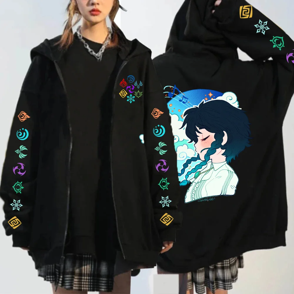 Genshin Impact Zip Up Hoodie Hutao Klee Diluc Venti Xiao Kaedehara Kazuha Graphic Zipper Sweatshirt Kawaii Cartoon Unisex Jacket