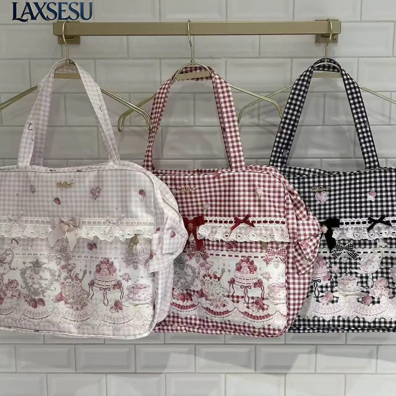 Liz Bag Japanese Lace Plaid Printed Bow Large Capacity Handbags for Women Sweet and Cute Travel Bag Women's Casual Handbags
