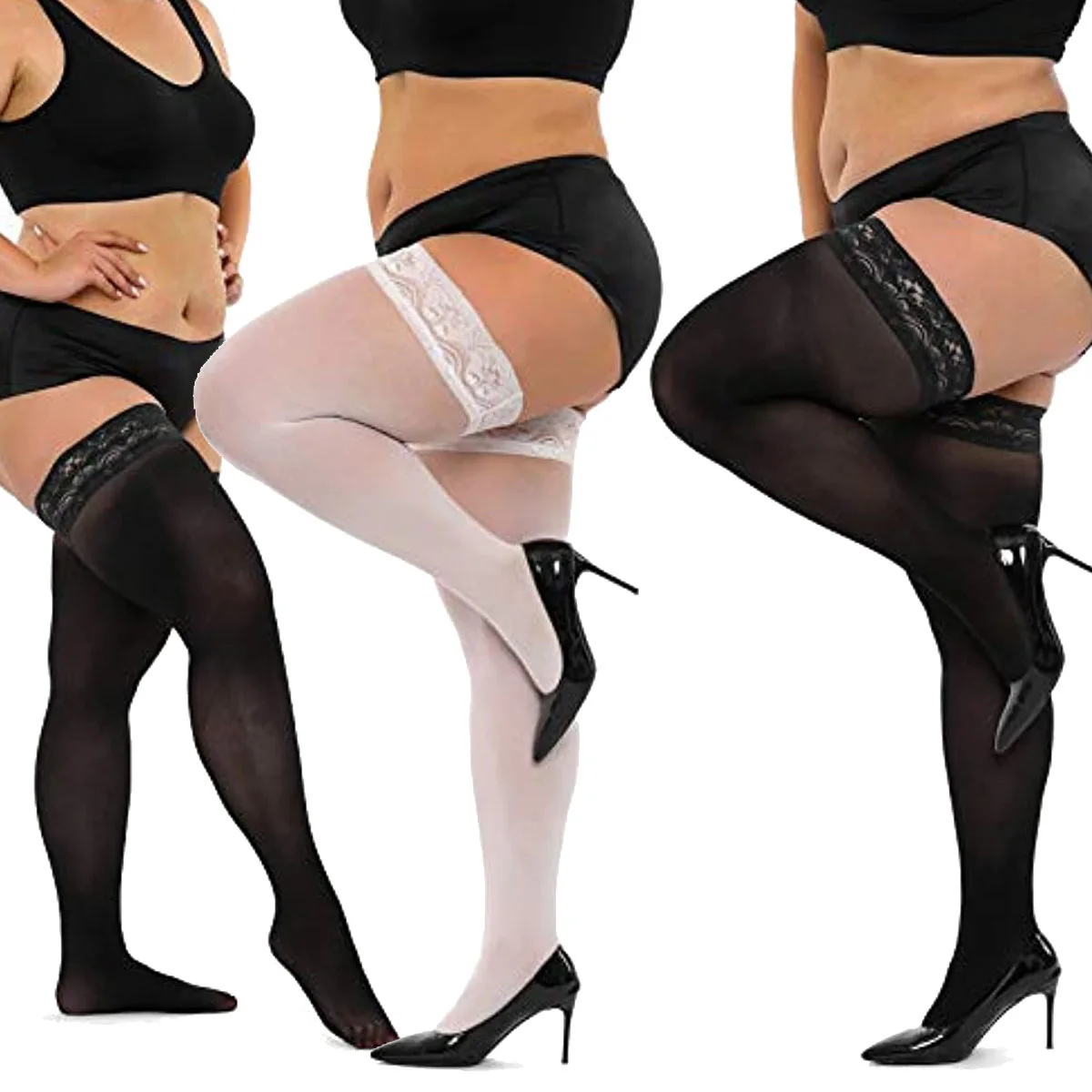 Large Size Women Stockings Big Plus Size Sexy Thigh High Lace Exotic Sexy for Sex Fishnet Black Stockings with Anti-slip Socks