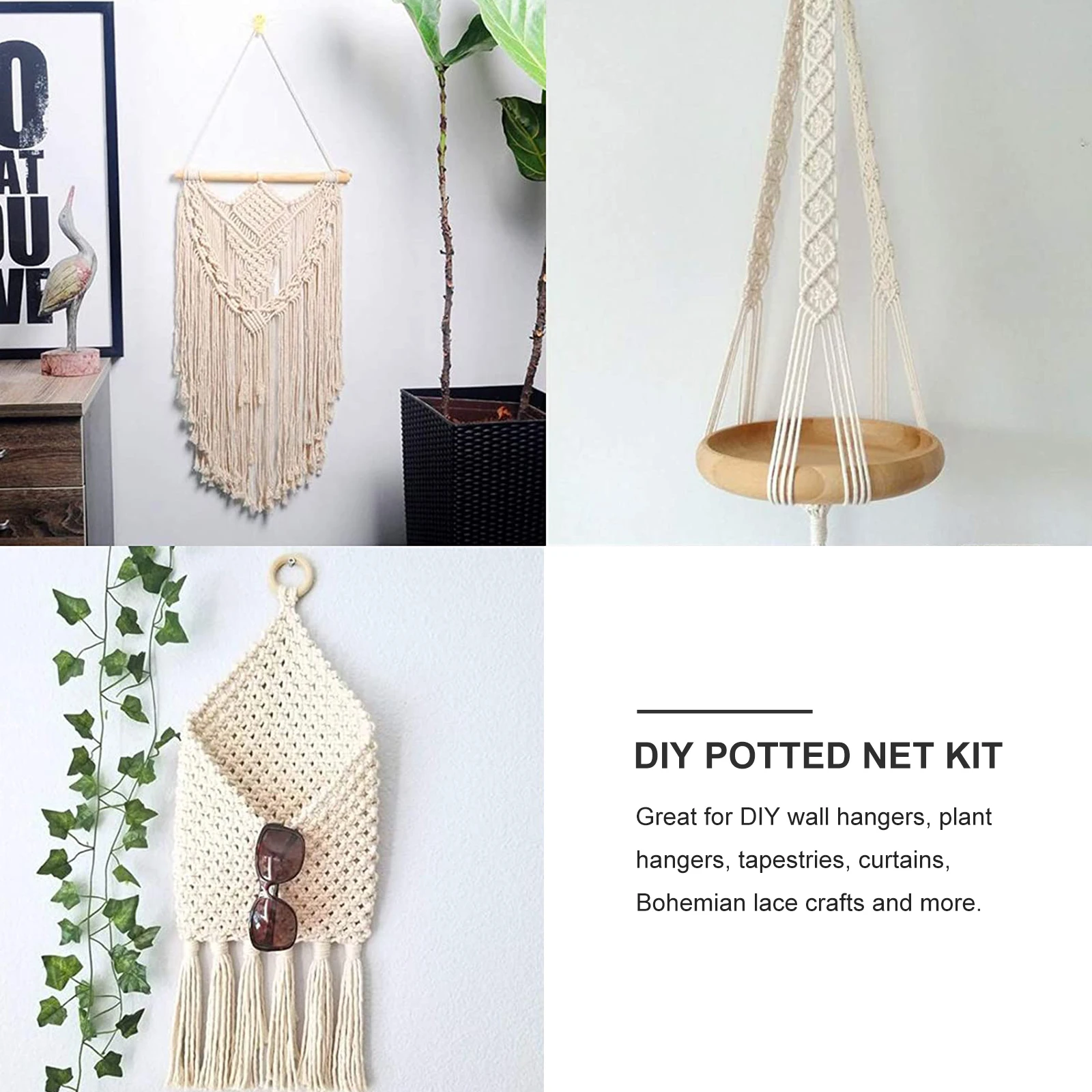 

1 Set Diy Flower Pot Holder Kit Durable Hemp Rope Complete Wooden Rod Circle Long Enough Easy Knitting Beginner Tapestry Making