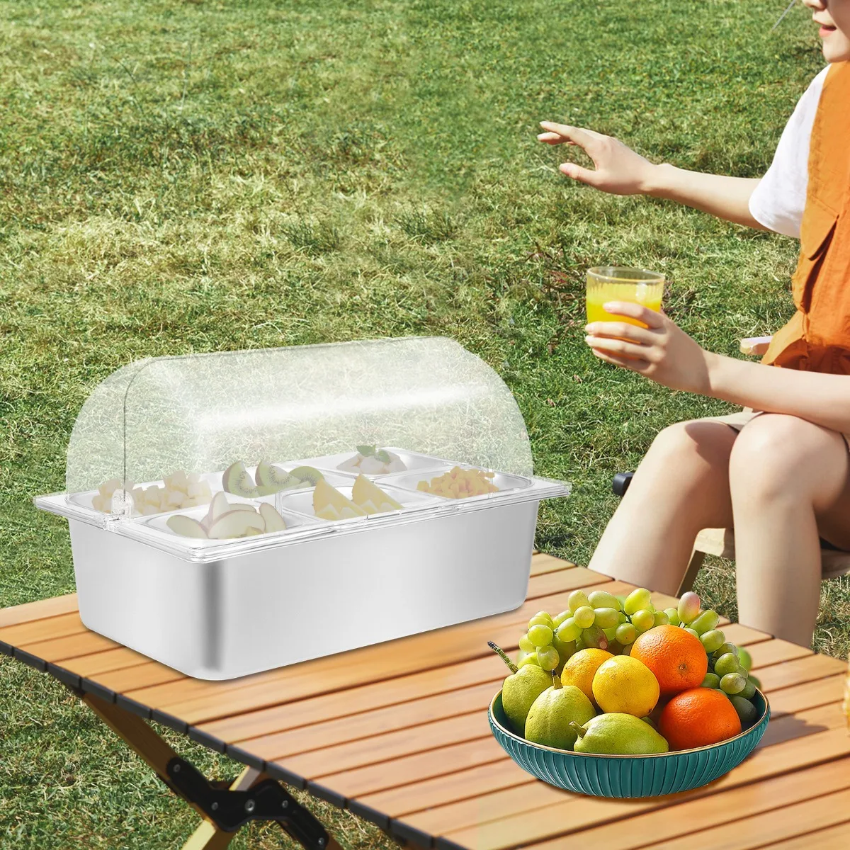 

[Ice Food Serving Display Tray] 6 Pans Clear Plastic Ice Serving Tray With Roll Top Cover Temperature Retention Large Capacity