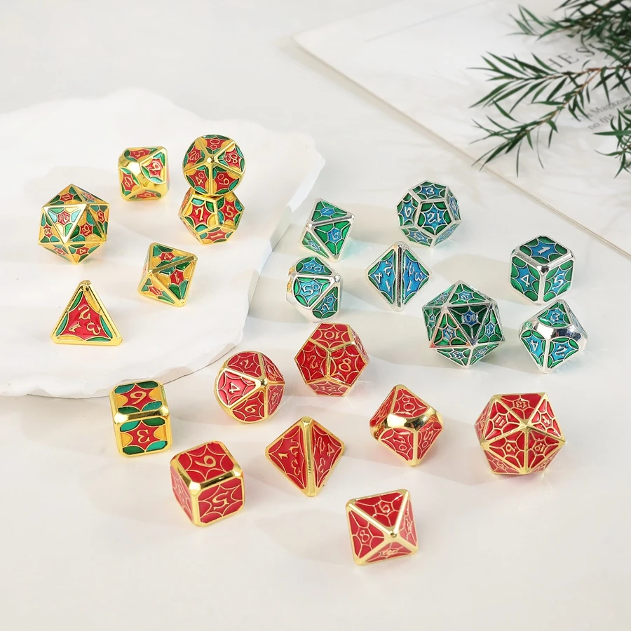 New Style 10 Colors Polyhedral Metal Dice 7pcs/set Role Play Games DND Dice Ornaments Accept Custom Font Symbol Pattern Logo