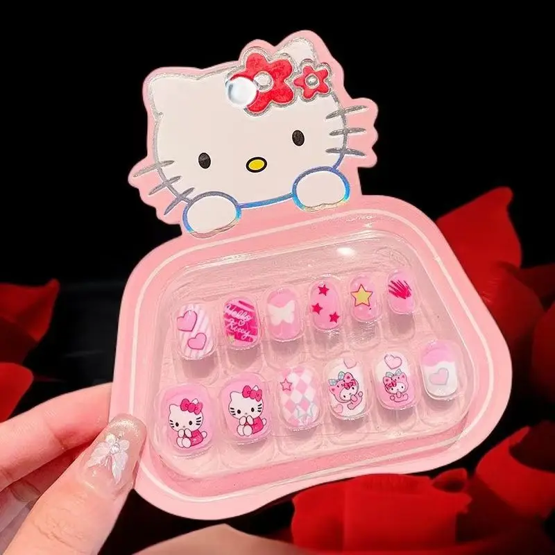 Sanrio Hello Kitty Cute Children's Nail Patch Wearing Nail Kulomi Cartoon Sweet Fun Removable Nail Patch