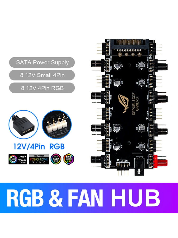 12V 4Pin/5V 3PIN 1 To 8 Multi Way Splitter Motherboard Sync ARGB/RGB PWM Fan Hub PC Speed Controller Adapter RGB Strip Splitter