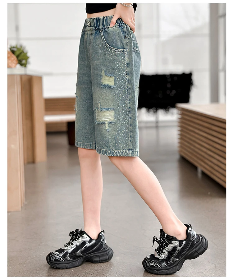 Slim Fit Kinder-Jeansshorts mit Löchern für Teenager-Mädchen, Lässige Sommer-Destroyed-Shorts, Coole Streetwear-Hosen für Kinder – Detail 2