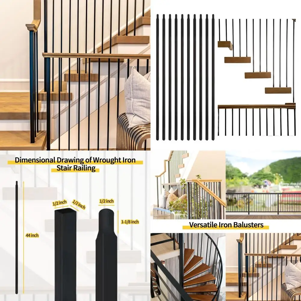 

30 Pack Iron Balusters, 1/2 x 44 Hollow Straight Metal Spindles, Square Black Satin Staircase Railing
