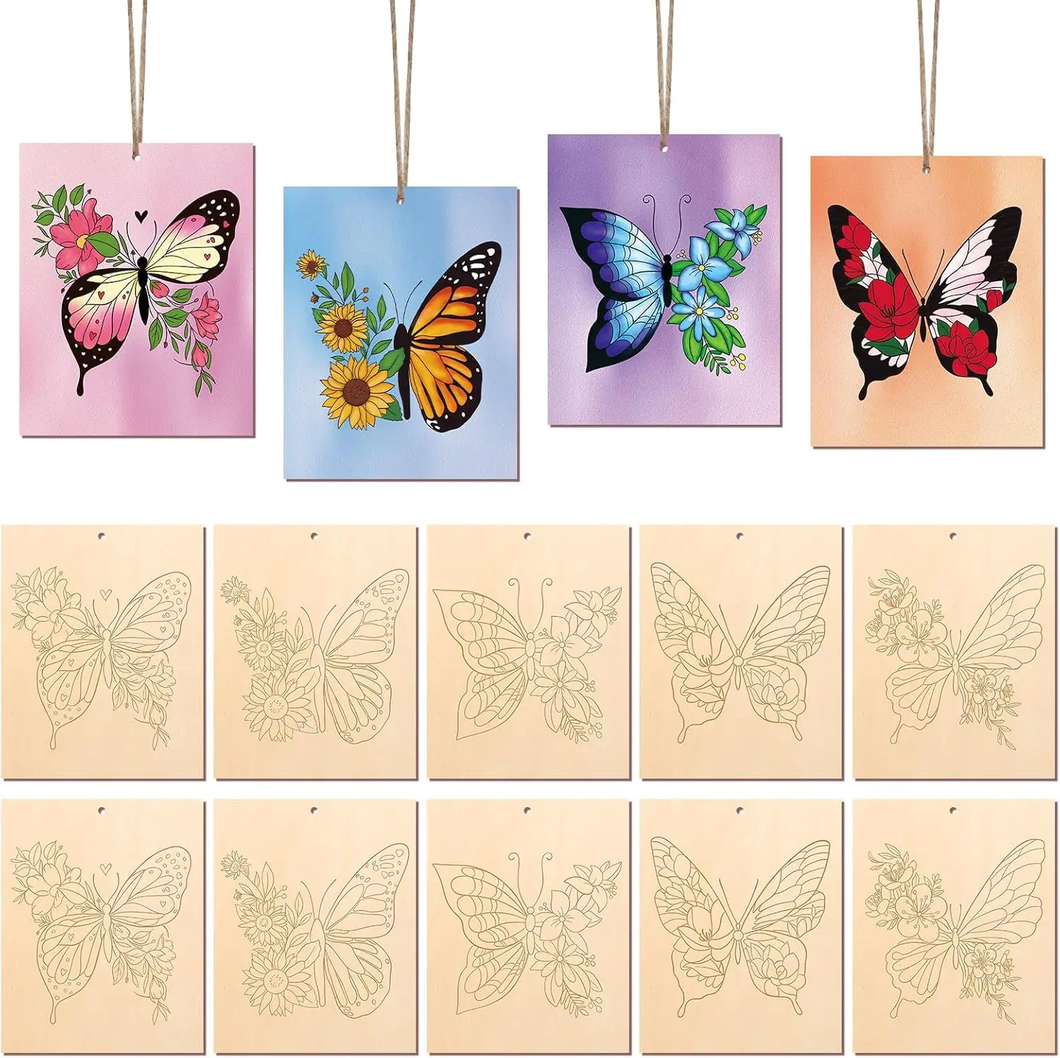 

10 Pieces Large Spring Butterfly Unfinished Wood Crafts to Paint for Adults and Kids, Bulk Predrilled Wooden Ornaments for Paint