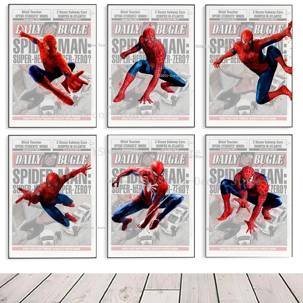 Miniso Disney Retro Watercolor Marvel Spiderman Posters Daily Bugle Newspaper Canvas Painting Wall Art Mural Bedroom Home Decor