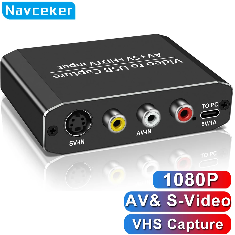 Navceker VHS to Digital USB Converter 1080P RCA AV USB 3.0 HDMI Video Capture Card Grabber For VCR Game Recording Live Streaming