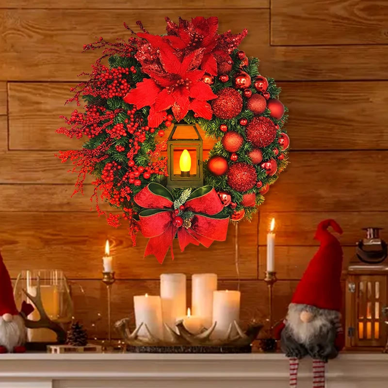 2025 Christmas Wreath With Lamp Big Red Flower Bow Ball Wreath Navidad Party Wall Door Window Fireplace Staircase Garden Wreaths