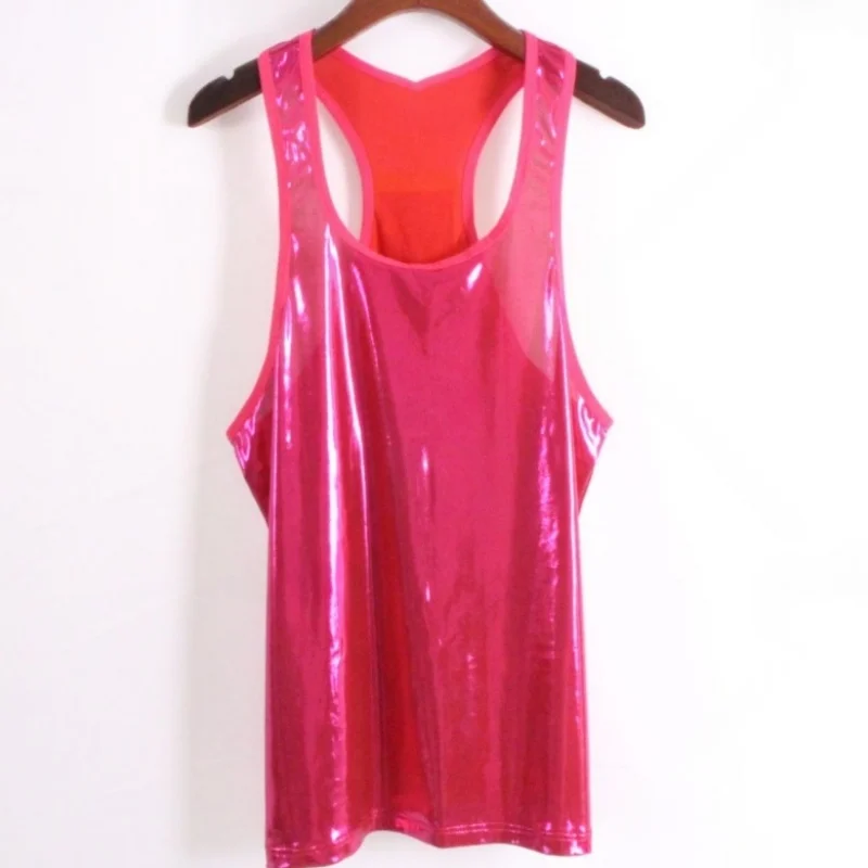 

Men Shiny Top Sleeveless Vest Loose Street Style Tops Casual Women Fashion Party Vest Fetish Rave Festival Clubwear