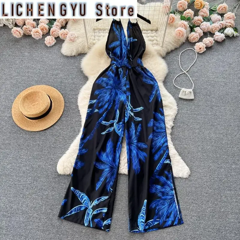 New Elegant Style Chic Jumpsuit Women Print Halter Contrast Color Backless High Waist Jumpsuits Winter Spring
