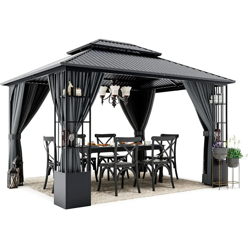 10x 12Hardtop Gazebo,with Netting and Curtains, Double Roof Permanent Patio Metal Gazebos Canopy for Patio, Deck, Outdoor Gazebo