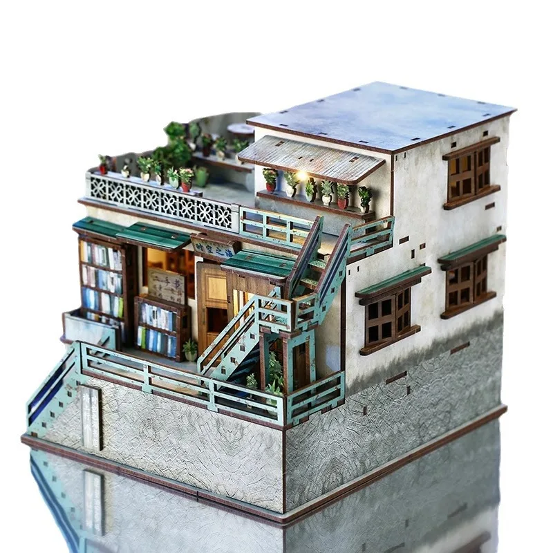 

OUZEY 3D Wooden Dollhouse Time Sea Bookstore DIY Assembly Model Desktop Decoration Creative Toy Gift Box Suitable for Youth