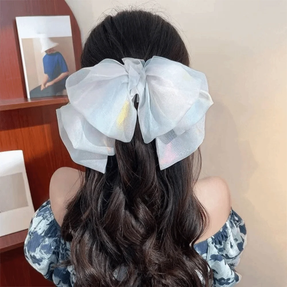 Nœuds de cheveux élégants en mousseline de soie, couleur unie, pince à ressort, maille scintillante, grand nœud, épingle à cheveux pour filles et femmes