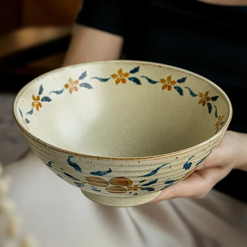 Vintage Floral Chinese Ceramic Ramen Bowl Dooly‑shaped Noodle Soup Bowl Threaded Edge Tableware for Home Restaurant Use