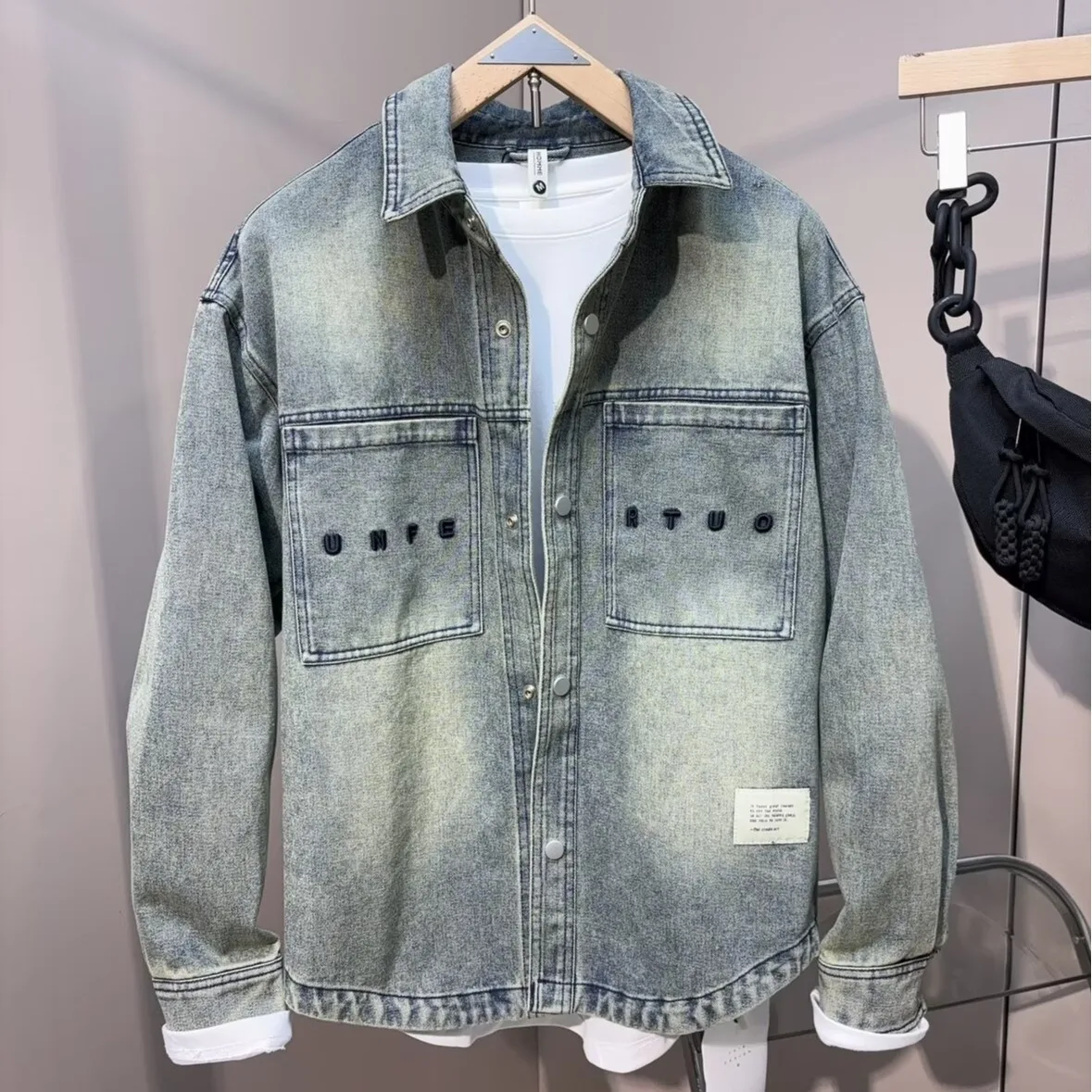 

Washed Vintage Denim Jacket for Men, Distressed Trucker Coat with Notched Collar