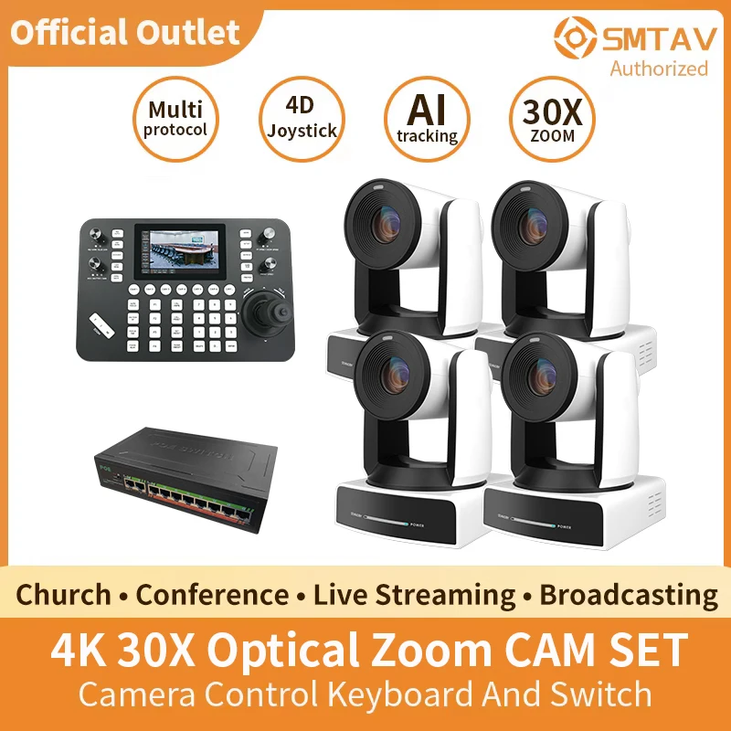 4 Units 4K PTZ Camera System with Controller Kit 30X Zoom NDI Multi-Protocol Touchscreen SMTAV live streaming church Youtube