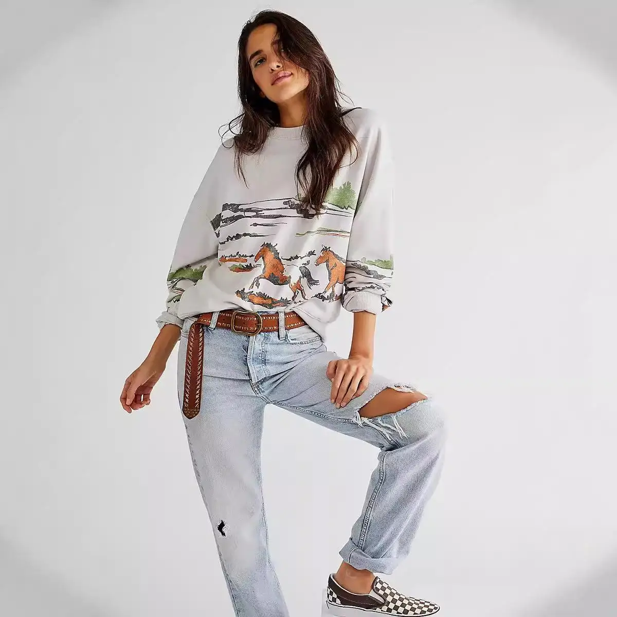 Cseta Fena de Manga Longa com Estampa Única Confortável em Poliéster Mole Casual Streetwear para Mulheres