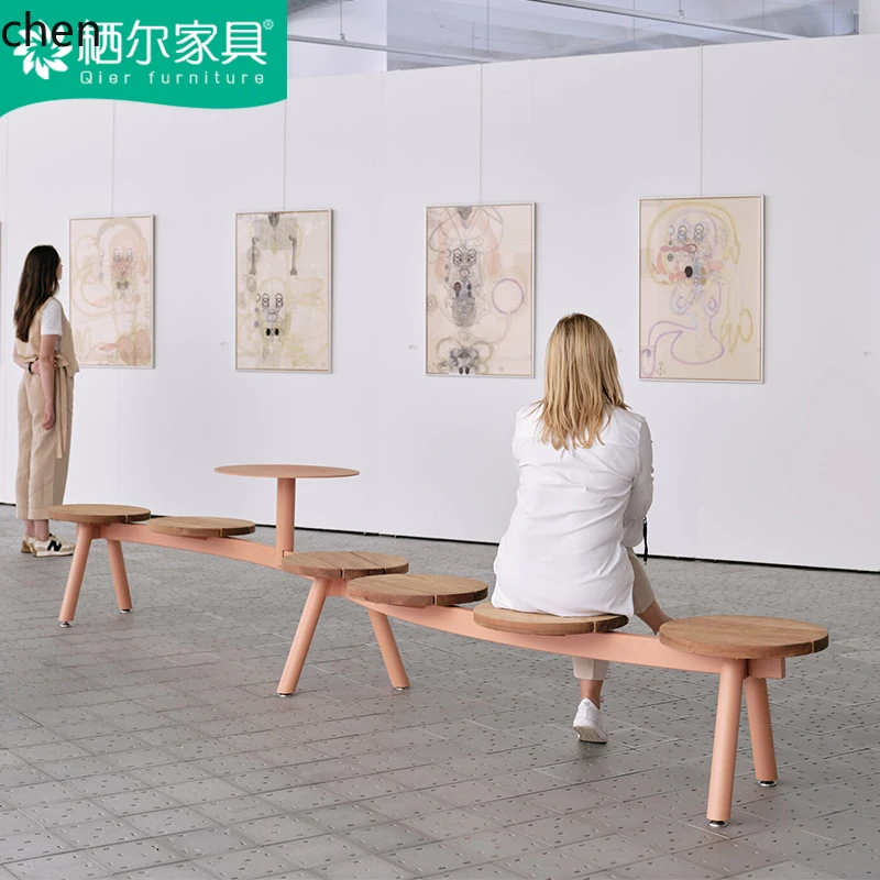 HT Outdoor Square Exhibition Hall Row  Indoor and Outdoor Leisure Galvanized Seats Anti-Corrosion Solid Wood Long Chairs
