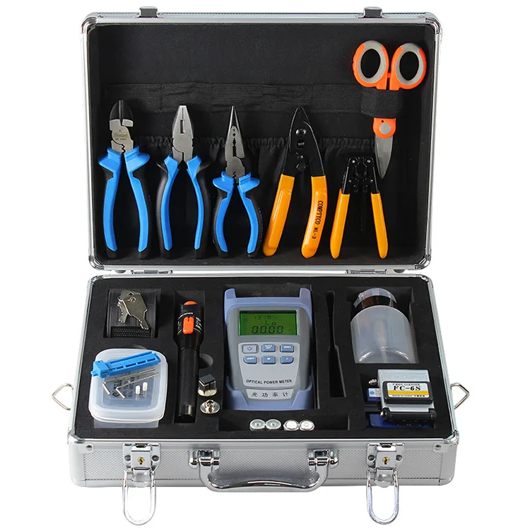 

22 in 1 Optical fiber toolbox with cold connector10km 10mw vfl power meter fiber cleaver FC-6S three pliers Kevlar scissors