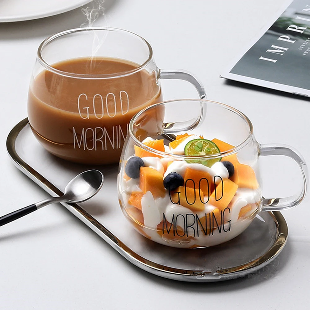 350ml Letter Printed Transparent Creative Glass Coffee Tea Mug Drinks Dessert Breakfast Milk Cup Glass Mugs Handle Drinkware