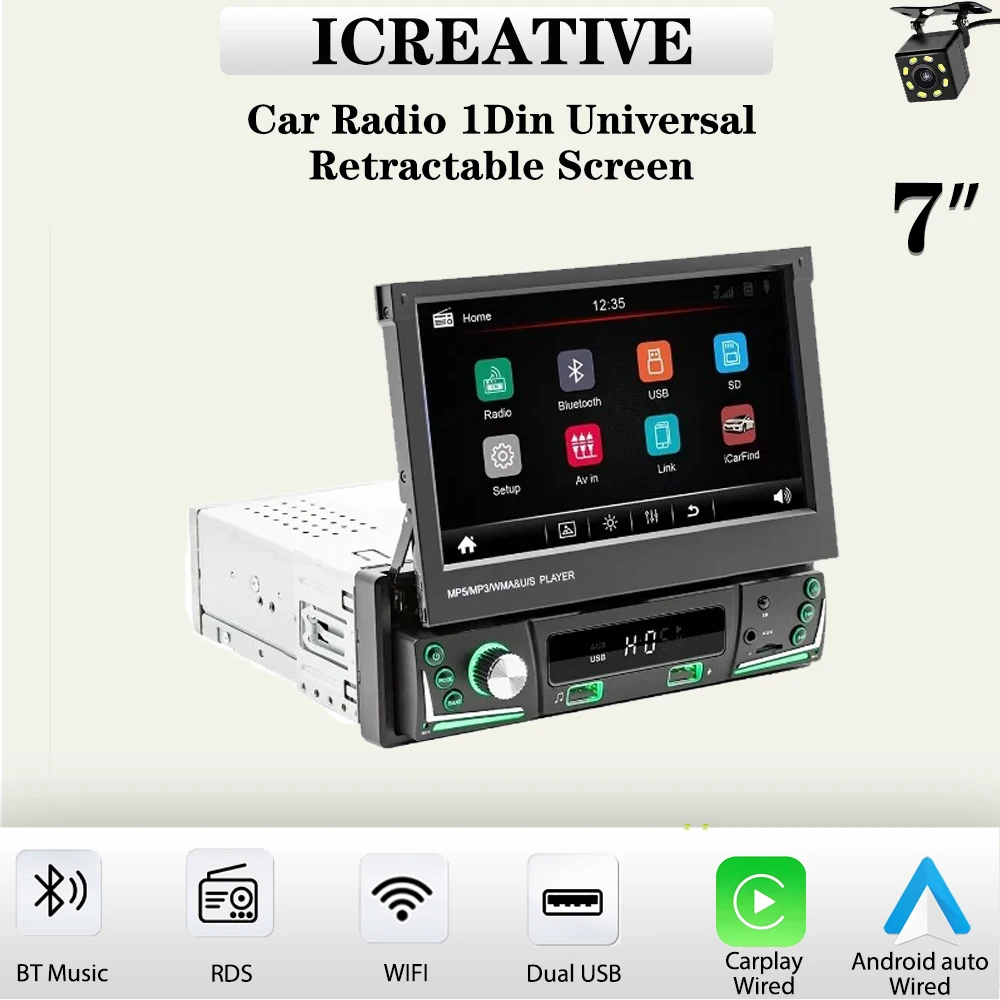 

7 Inch Retractable Screen Car Radio 1Din Universal Mp5 Multimedia Carplay & Android Auto Wired Link Player Navigation Autoradio