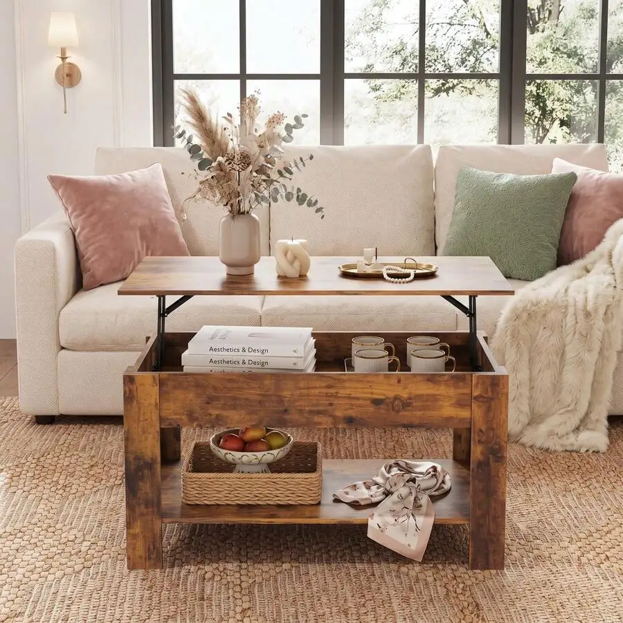 WLIVE 39 Inch Lift Top Coffee Table With Hidden Storage Compartment & Open Shelf, Rustic Wood Coffee Table With Storage For Livi
