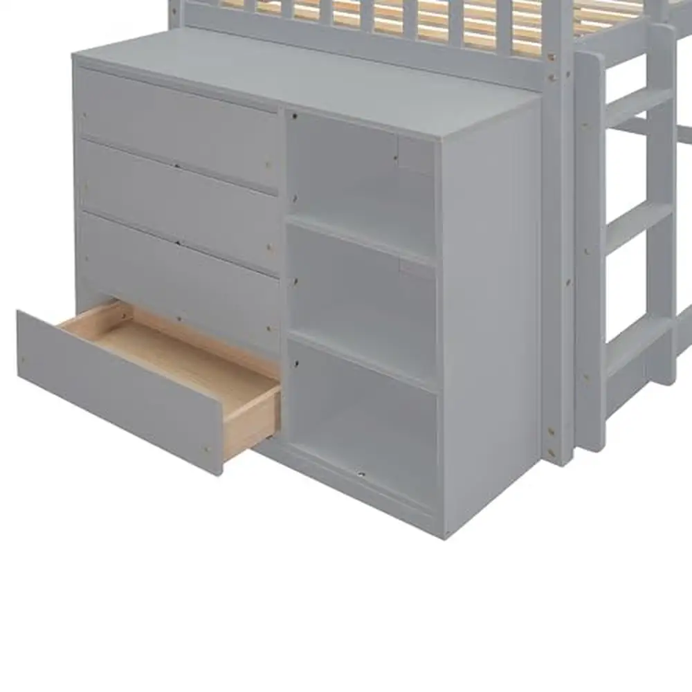 Wooden Twin Bunk Bed Storage Drawers Shelves Low Loft Kids Boys Girls Safe Guard Rails Easy Assemble 4 Drawers 3 Shelves Twin