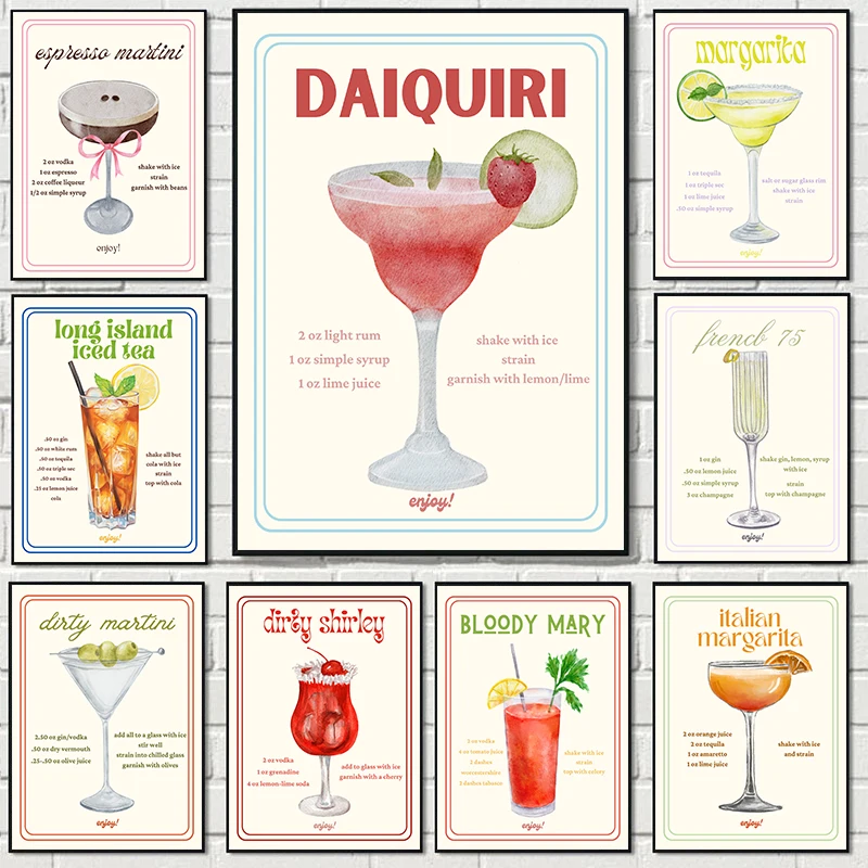 Retro Minimalist Classic Cocktails Martini Mojito Margarita Alcohol Poster Canvas Painting Wall Art Pictures Home Room Bar Decor