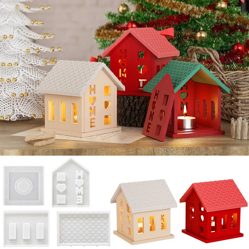 4PCS House Shape Silicone Model With Roof & Base & 2 Side Models Handmade Resin Clay Soap Cast For Christmas Halloween Gifts